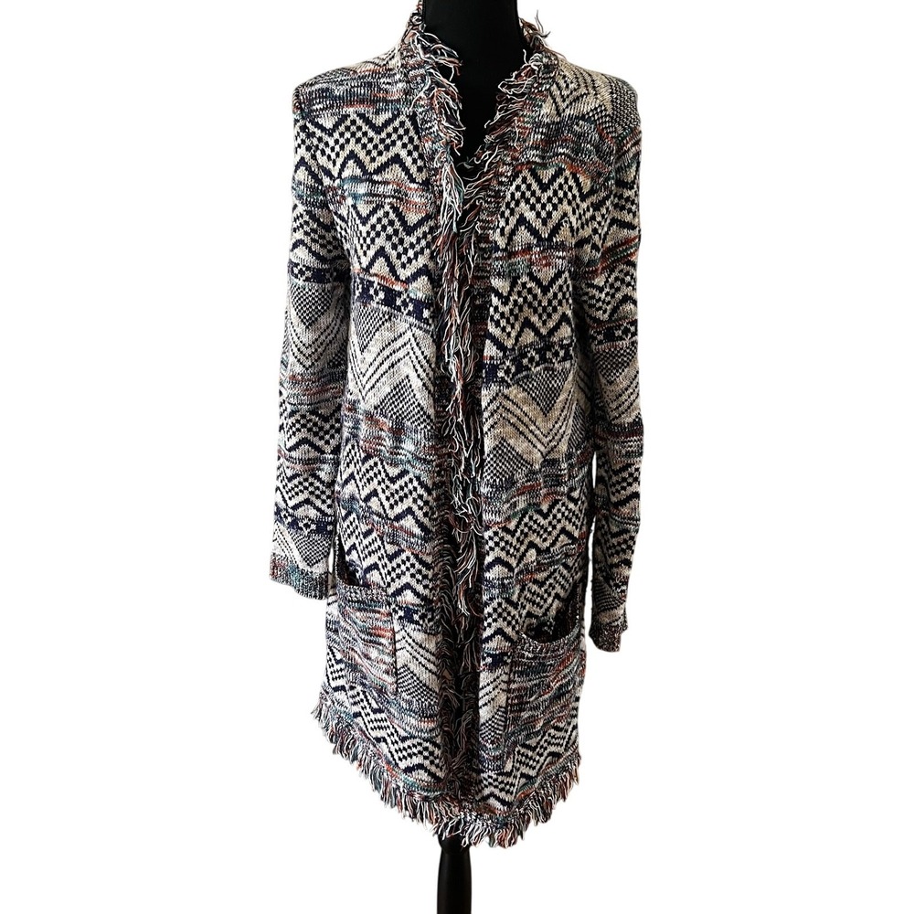 New Directions Womens Large Southwestern Fringe Longline‎ Cardigan Sweater Blue
